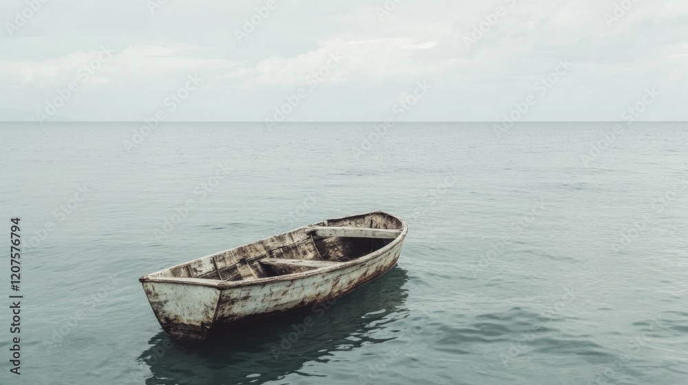 Old weathered rowboat adrift on calm sea under cloudy sky. Old weathered rowboat adrift on calm sea under cloudy sky.