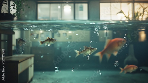 Underwater Room: Fish Swimming in a Flooded Interior