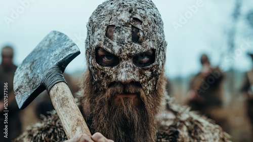 A masked warrior holds an axe, embodying the essence of fearlessness and brutality in warfare; the captivating image resonates with history, culture, and raw emotion. photo