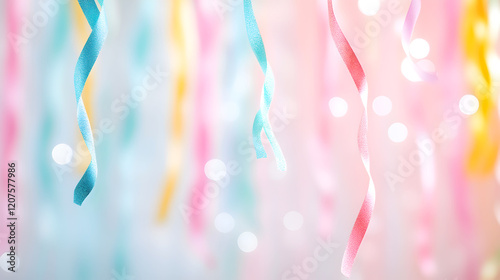 Hanging colorful ribbons in pastel shades with sparkling textures and blurred light bokeh in the background, ideal for party themes, event designs, or festive decorations. Selective focus