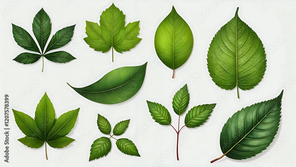 Fototapeta premium Set of vibrant green leaves arranged on light background with natural shadows, ideal for environmental themes, organic branding, sustainable packaging, and botanical illustrations in high quality