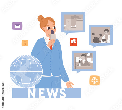 News anchor with microphone reporting international news. Social media blogger, tv show or newsmaker. Daily or weekly information summary, vector concept