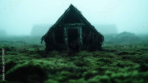 A moss-covered abandoned house emerges from the dense fog, evoking a sense of enchantment and decay, where nature's reclamation reignites feelings of nostalgia and quiet reflection. photo