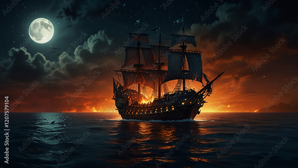 Fototapeta premium illustration of a pirate ship sailing on the sea at night, fire burning