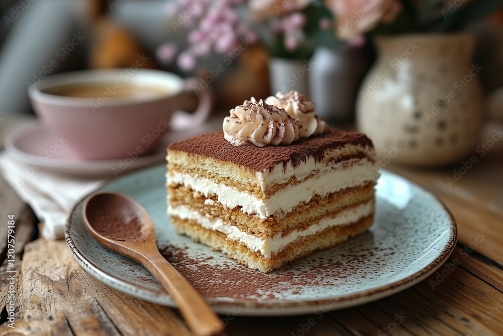 A slice of delicious tiramisu on a rustic wooden table, accompan A slice of delicious tiramisu on a rustic wooden table, accompan