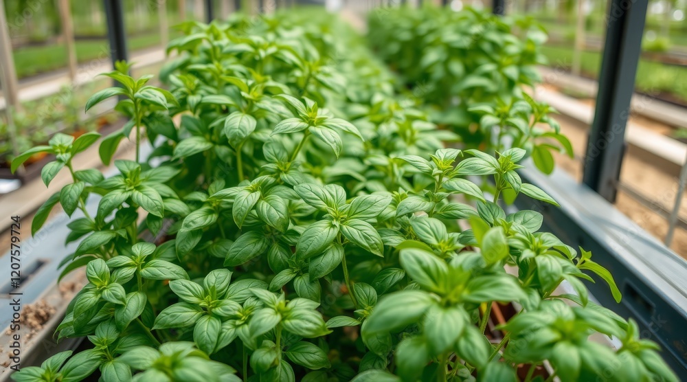 Close-up of vibrant basil plants thriving in a greenhouse, symbolizing freshness and growth Close-up of vibrant basil plants thriving in a greenhouse, symbolizing freshness and growth
