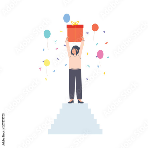 Winner character. Female stand on podium and holding gift box, flying balloons and falling colorful confetti. Lottery, competition, prize, vector concept