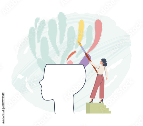 Woman coloring negative and neutral thoughts in bright colors. Mental calm, creative thinking and positive life sight. Psychotherapy results in progress, vector scene