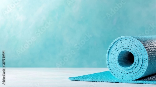 The rolled teal yoga mat is positioned stylishly on a gentle blue surface, inviting individuals to embrace their wellness journey through mindfulness and physical fitness. photo