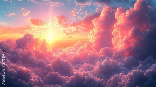 dreamy anime cloudscape with cottoncandy clouds soft pastel colors mangastyle sun rays clean linework and celshaded elements photo