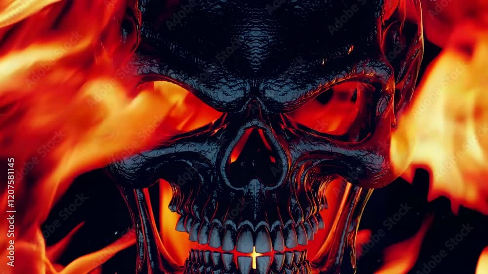 fiery skull with glowing eyes in dark background, fantasy horror concept