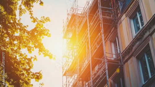 A towering building adorned with intricate scaffolding, reaching toward the sky, as workers bustle around, reshaping the future of urban architecture.