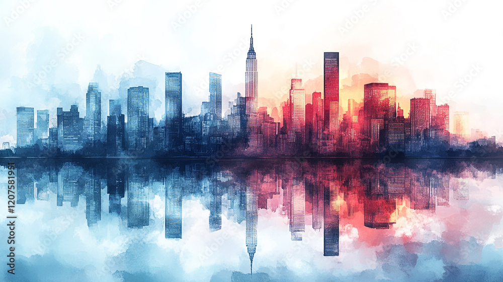 Obraz premium Sunrise over a vibrant city skyline reflecting on calm waters