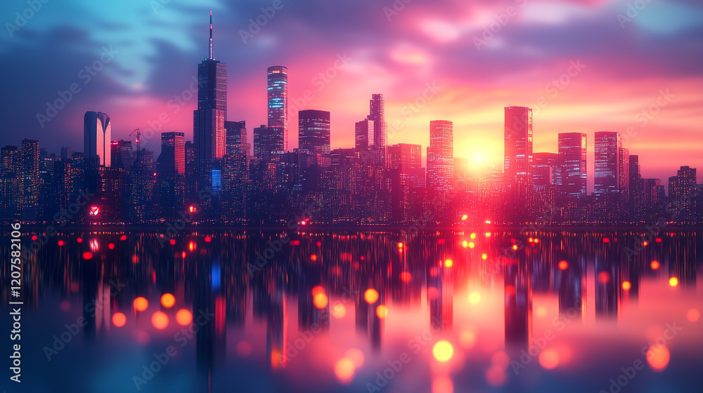 Fototapeta premium Vibrant city skyline at sunset illuminating the water with colorful reflections