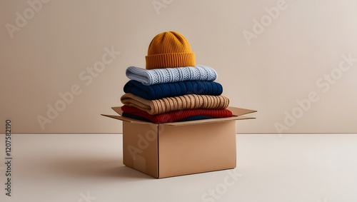 Stacked clothes for donation in a cardboard box. Winter clothes in a cardboard box. Seasonal clothing. Charity or donation drive backdrop with copy space.
