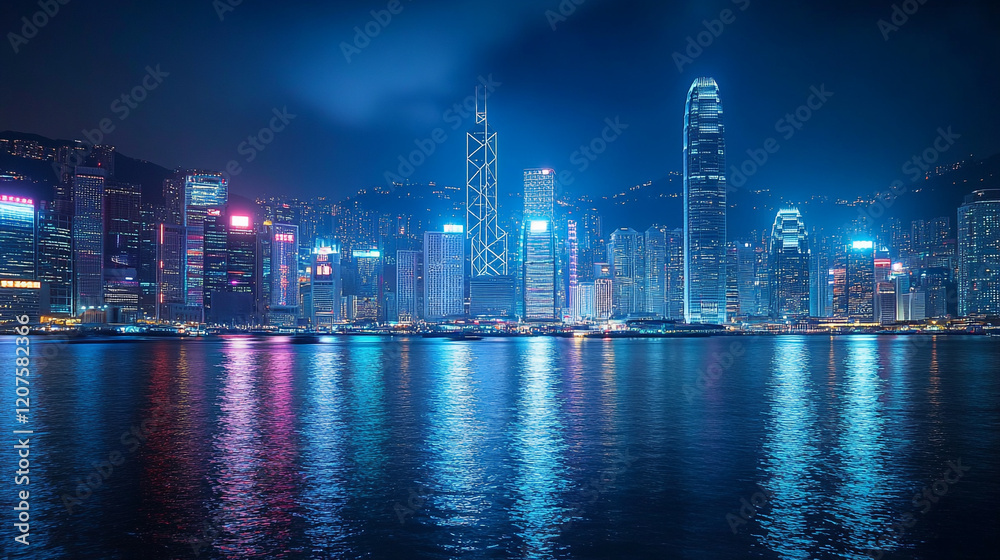 Fototapeta premium Vibrant city skyline illuminated at night over calm waters in Hong Kong