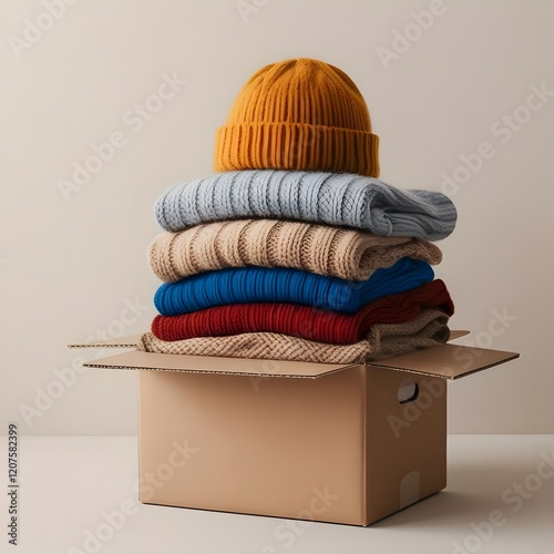 Stacked clothes for donation in a cardboard box. Winter clothes in a cardboard box. Seasonal clothing. Charity or donation drive theme.
