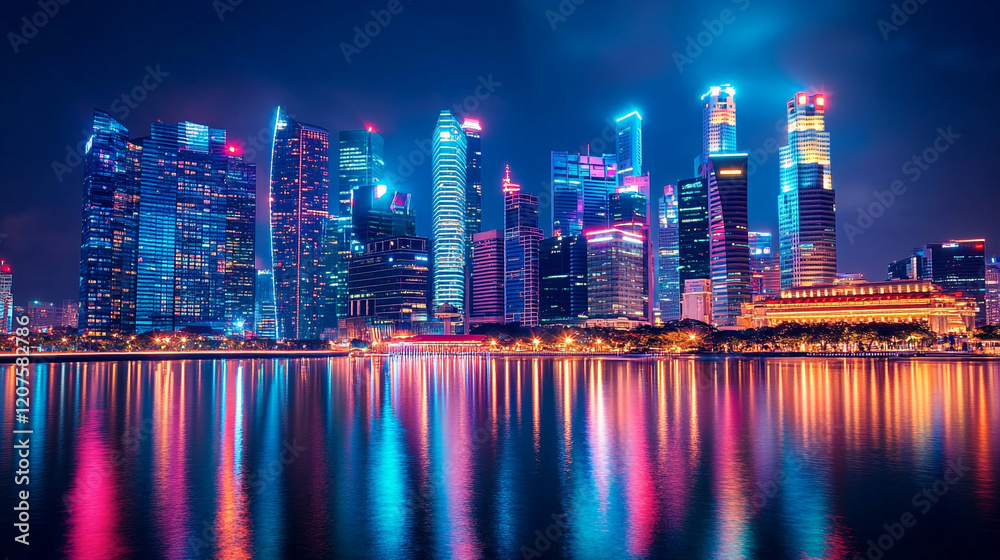 Naklejka premium Bright city skyline reflecting on water during a vibrant night in a modern metropolis