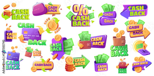 Icons of cash back offers. Concept of refund money after buy set icon