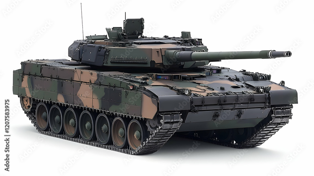 Camouflaged tank, studio shot, military vehicle, white background, defense industry Camouflaged tank, studio shot, military vehicle, white background, defense industry