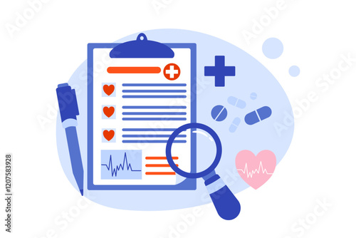 Vector illustration of a health check-up report with a medical symbol, medication, magnifying glass, and pen, symbolizing health evaluation and medical assessments.