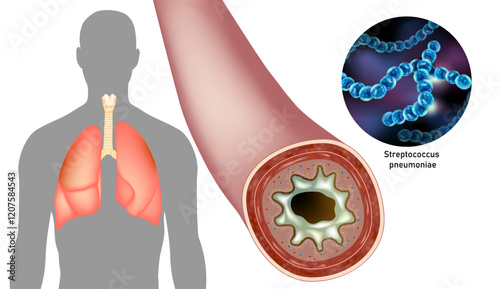 Pneumoniae Bacteria and Human Respiratory System Illustration. Microscopic View of Streptococcus. Bacterial Infection in the Lungs