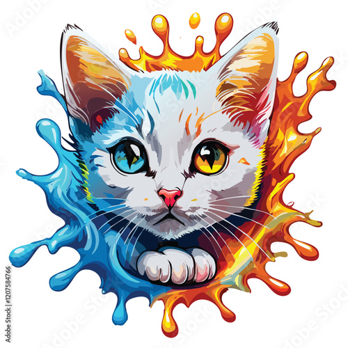 A vibrant and stylized illustration of a kitten with two-toned eyes (one blue, one yellow/orange) framed by a splash of vibrant colors (blue and orange)