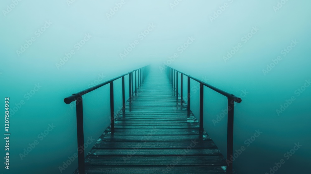 Fototapeta premium A mysterious long wooden bridge stretches into the fog, its weathered planks shrouded in mist, inviting adventurers to explore the unknown beyond.
