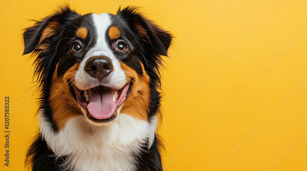 Fototapeta premium A cheerful Australian Shepherd with tri-colored fur, black, white, and brown, smiling happily against a solid yellow background. The dog’s eyes sparkle with joy, and it has its tongue out in excitemen