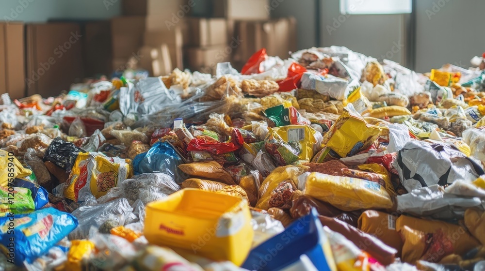 Excessive Packaged Food Waste Highlighting Overconsumption and Expired Products Excessive Packaged Food Waste Highlighting Overconsumption and Expired Products
