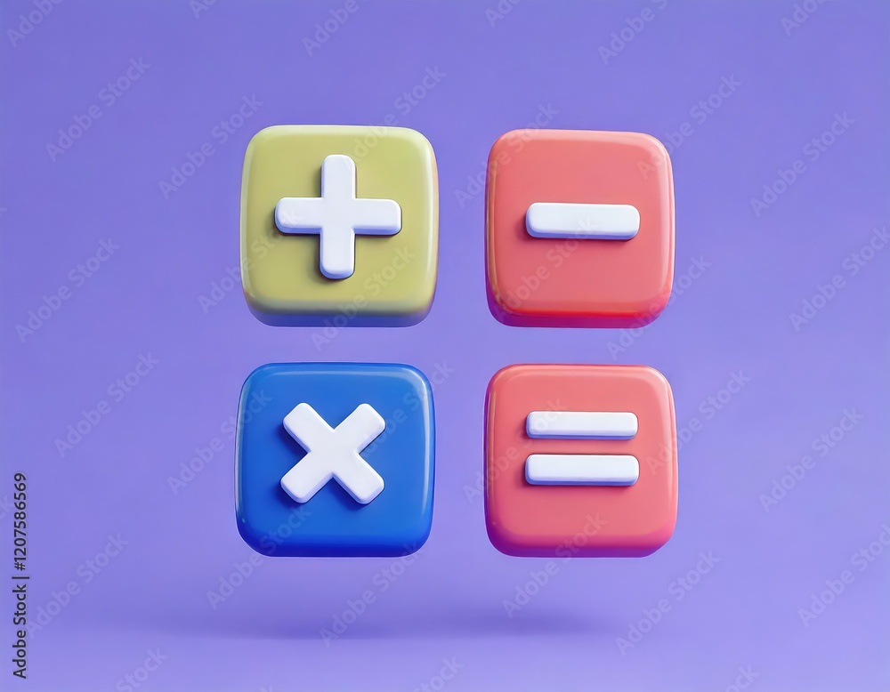 Colorful 3D Render of Basic Math Symbols: Plus, Minus, Multiply, Equals Colorful 3D Render of Basic Math Symbols: Plus, Minus, Multiply, Equals