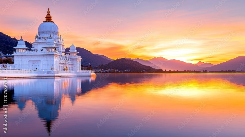 Fototapeta premium A serene temple by the lake at sunset, reflecting vibrant colors in the water, surrounded by mountains, creating a tranquil atmosphere.
