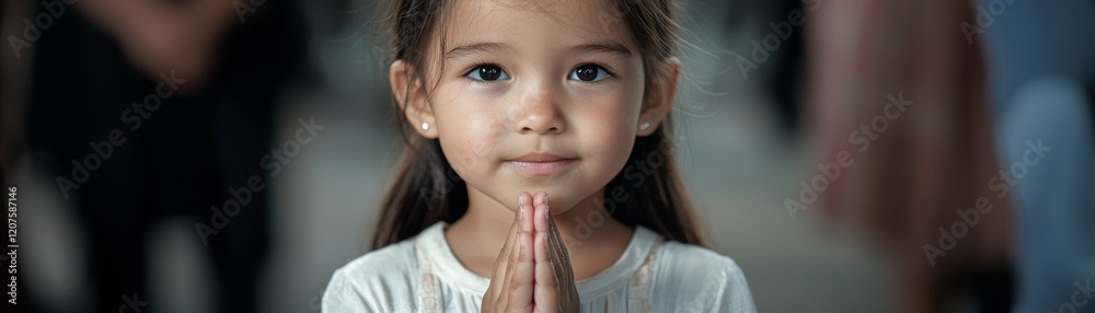 A young girl with a serene expression, hands together in a prayer gesture, stands amidst a blurred background. A young girl with a serene expression, hands together in a prayer gesture, stands amidst a blurred background.