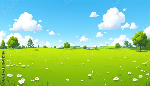 Idyllic Summer Meadow Landscape with Daisies and Trees