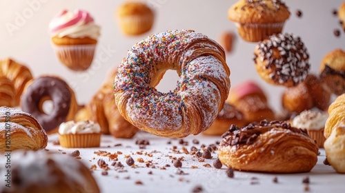  Donut with colorful sprinkles surrounded by other pastries photo