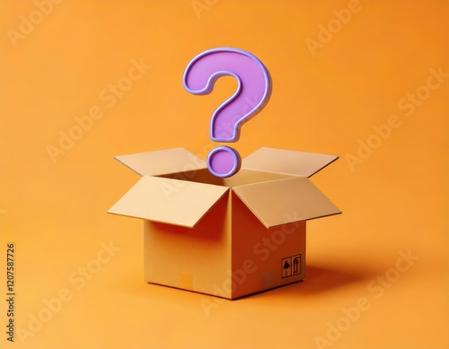 Intriguing Purple Question Mark Above Open Cardboard Box: A Minimalist Mystery