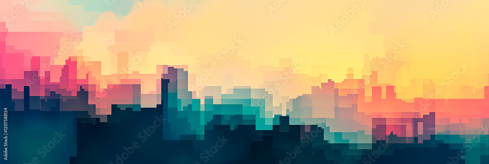 Pixel art background. Gradient resembling a city skyline panorama. Colorful pixelated design. Creative vibrant retro-futuristic atmospheric cover, banner. Header, UI/UX, website. Generative Ai content Pixel art background. Gradient resembling a city skyline panorama. Colorful pixelated design. Creative vibrant retro-futuristic atmospheric cover, banner. Header, UI/UX, website. Generative Ai content