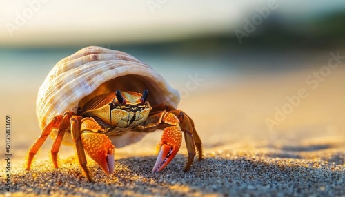 A hermit crab on a sandy beach under golden sunlight photo