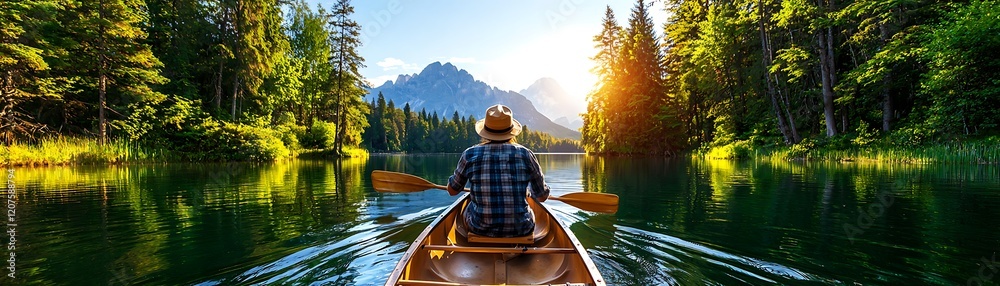 Solo Traveler Canoeing Through Serene Nature Landscape at Sunset Solo Traveler Canoeing Through Serene Nature Landscape at Sunset