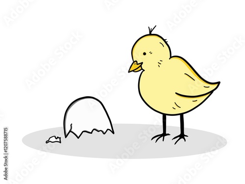 Cute chick curiously looking at the eggshell it hatched from. The drawing is in a playful and cartoonish style, with soft lines and vibrant colors. 