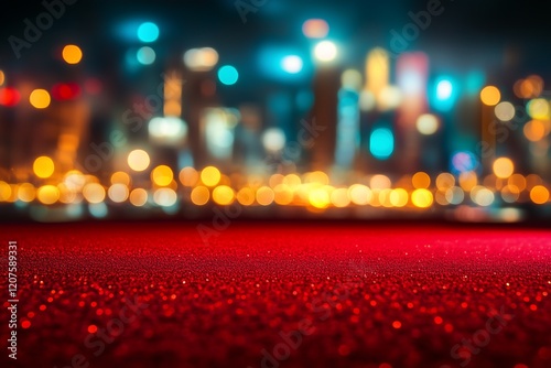 Sparkling Red Glitter Texture Against a Blurred City Lights Nightscape Background