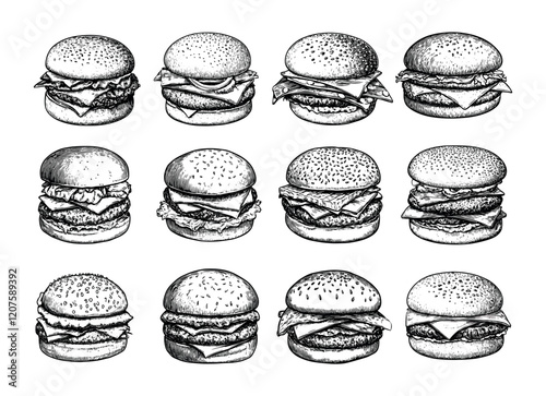 Burgers cheeseburger engraving vector set. Meat cutlet cheese sandwich bun tomato, onion fillings mustard toppings hand drawn black ink sketches isolated on white background