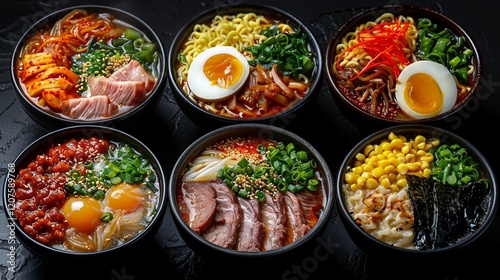 A visually captivating array of different bowls filled with different spices and delicious foods on dark background 