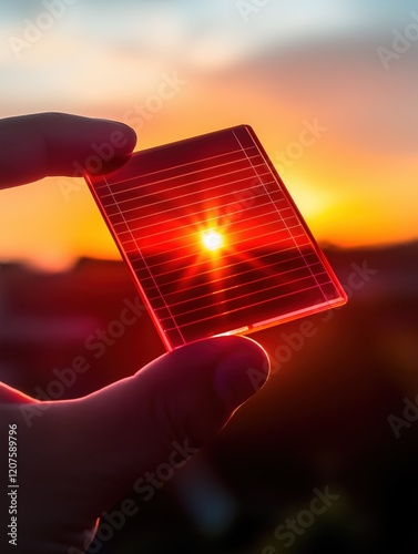 Warm morning sunlight beams passing through a single perovskite photovoltaic cell