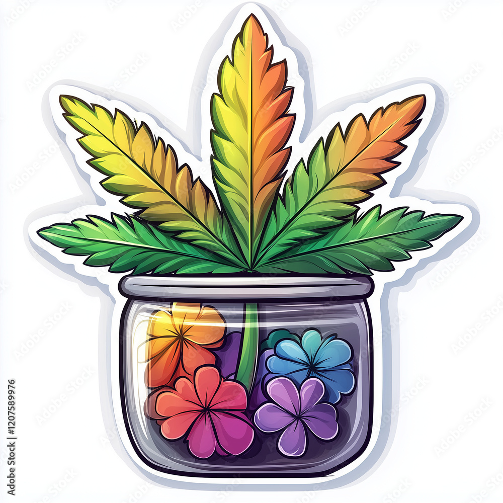 Obraz premium vibrant illustration of a jar filled with colorful flowers in shades of red, orange, pink, purple, and blue, topped with a rainbow-hued cannabis leaf. The playful design is set against a white backgro