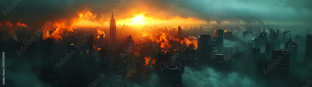 Fototapeta premium a metropolis at dawn, shrouded in a light mist. Morning sunlight pierces through the haze, highlighting modern architecture