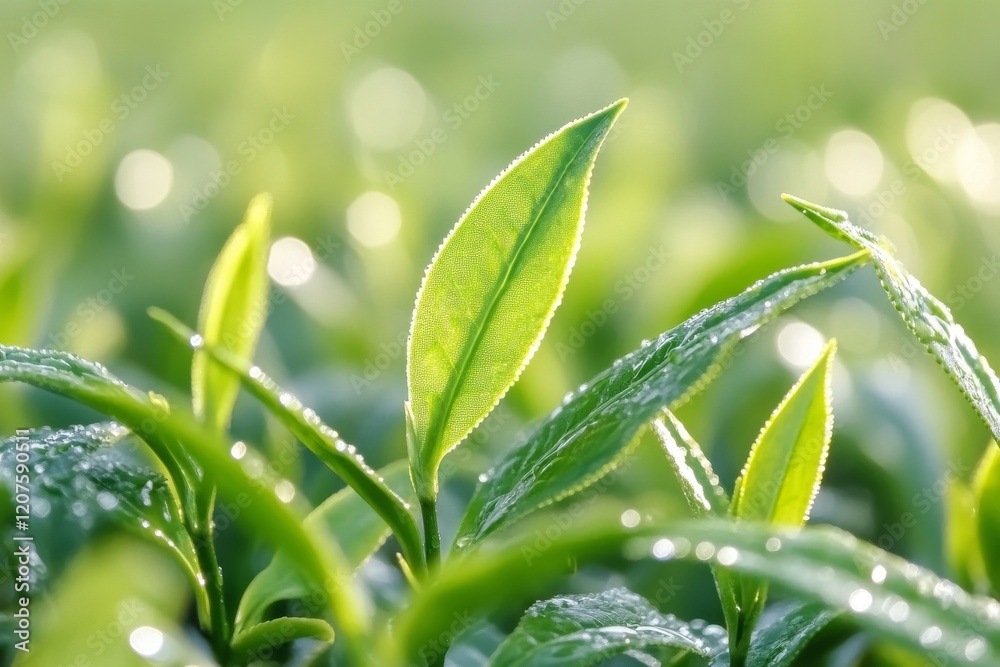 Close-up of Dew-Covered Tea Leaves in a Lush Green Tea Plantation Close-up of Dew-Covered Tea Leaves in a Lush Green Tea Plantation