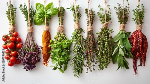 A top view of bunch of herbs and fresh vegetables tied with rope isolated on white background 
