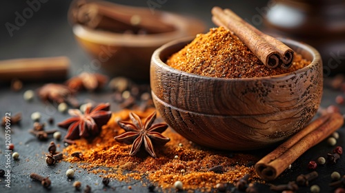 A close up of a wooden bowl brimming with spices placed over dusted spices on dark surface 