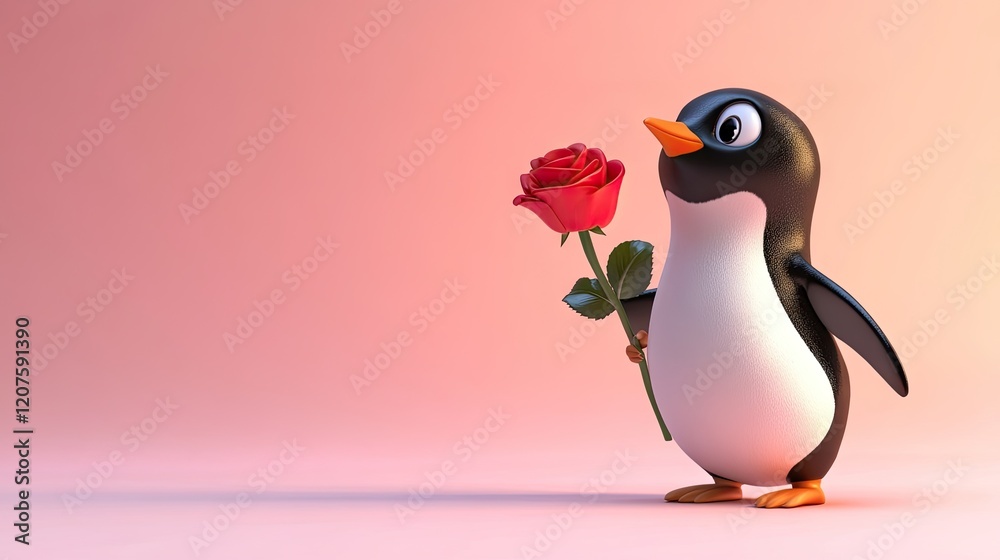 Naklejka premium A cheerful cartoon penguin holding a red rose, standing on a soft pink background for Valentine's Day.